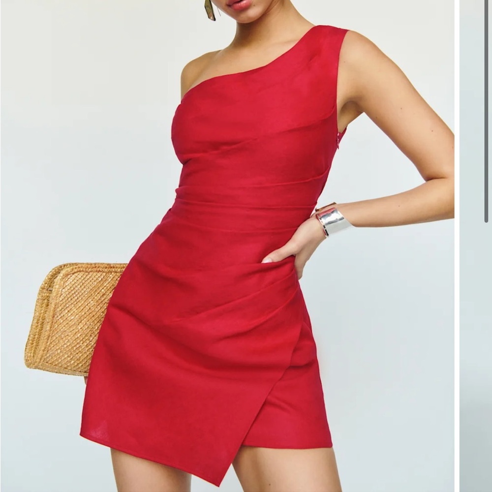 NWT Reformation Ciro Linen Red One Shoulder Mini Dress